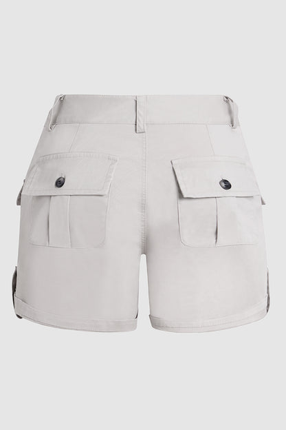 Flap Pocket Roll Tab Hem Mid Waist Shorts