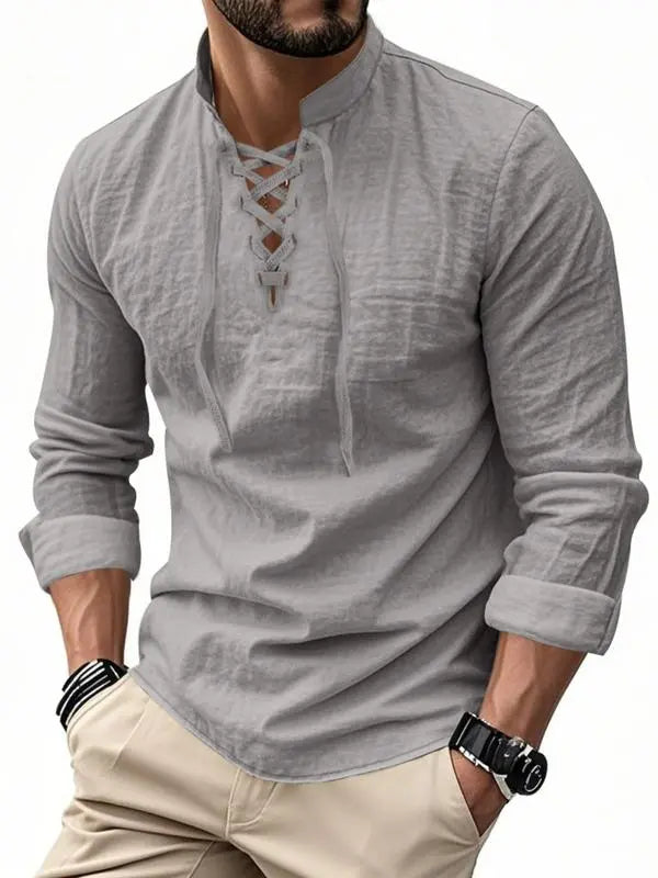 Men's Linen Casual Long Sleeve Polo Shirt
