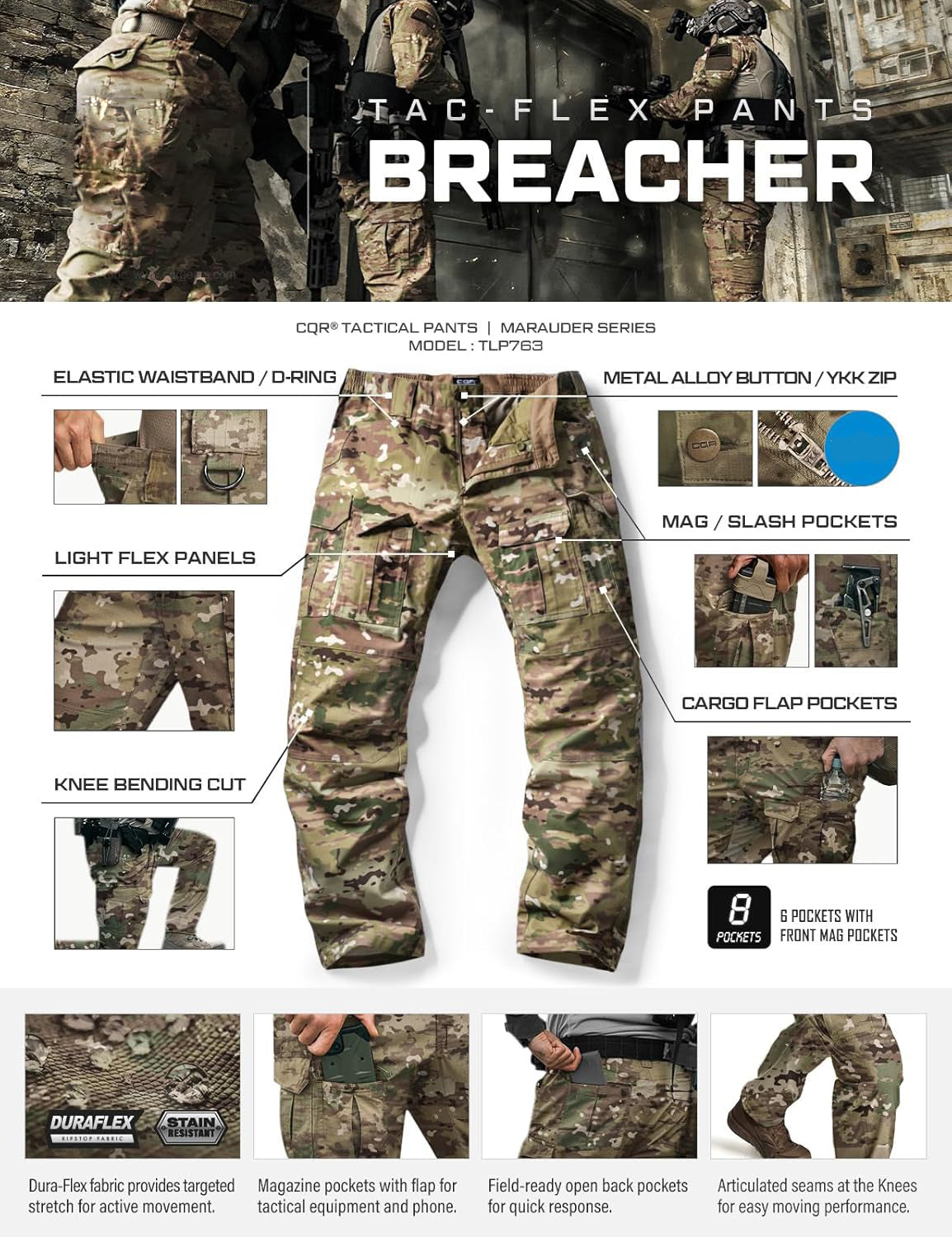 Men's Flex Ripstop Tactical Pants, Water Resistant Stretch Cargo Pants, Lightweight EDC Hiking Work Pants