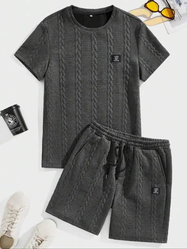 Men's Knit Casual Textured Patch Tee & Drawstring Shorts Set