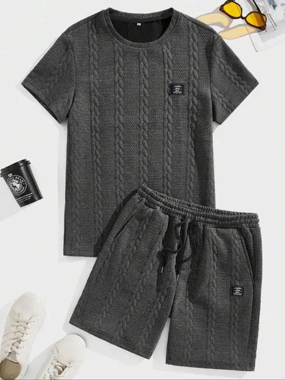 Men's Knit Casual Textured Patch Tee & Drawstring Shorts Set