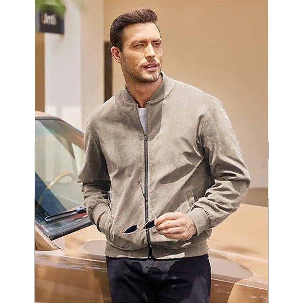 Men’s Classic Thin Casual Jacket: Stretchy Faux Suede (Lightweight, Retro, Soft)