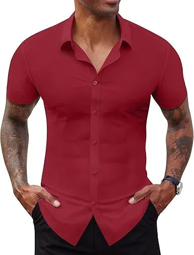 Men's Short Sleeve Stretch Slim Fit Casual Button Down Shirts