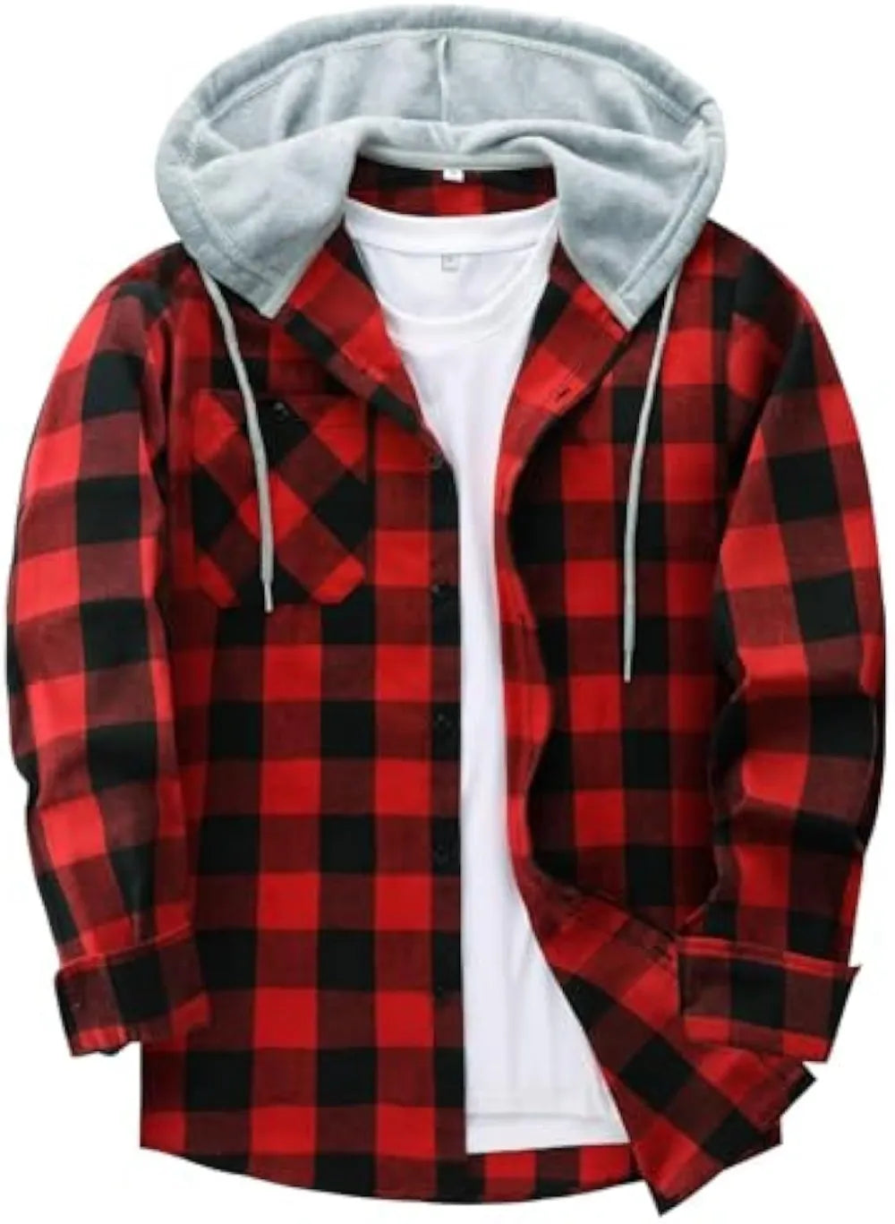 Men’s Plus Size Plaid Patchwork Hooded Jacket – Button Front Casual Outerwear with Pockets