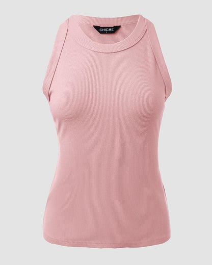 O-Neck Knit Sleeveless Basic Slim Fit Tummy Control Tank Casual Top(Without Pads)