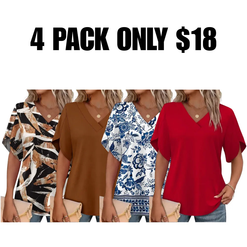 FASHION Womens Summer Tops Short Petal Sleeve Shirts V Neck Outfits Clothes