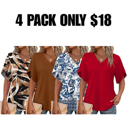 FASHION Womens Summer Tops Short Petal Sleeve Shirts V Neck Outfits Clothes