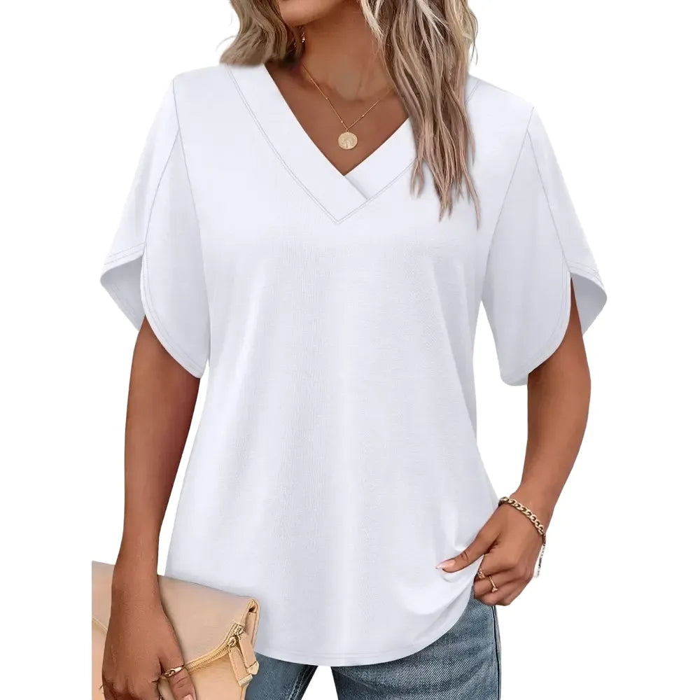 FASHION Womens Summer Tops Short Petal Sleeve Shirts V Neck Outfits Clothes