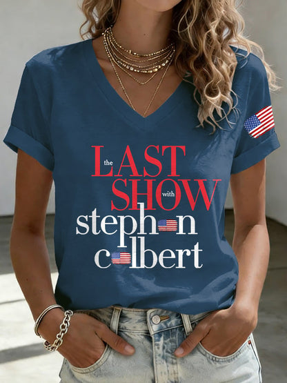 V-Neck Retro Last Show Print T-Shirt