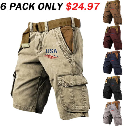 Men's Vintage Flag Independence Day Multi-Pocket Print Cargo Shorts (Belt Included)