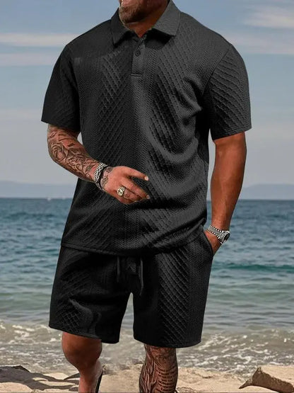 Men's Solid Polo & Drawstring Shorts Set Cozy, Breathable for Daily/Beach, Summer Casual