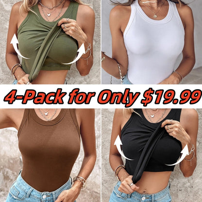 Round Neck Built-in Bra Ribbed Tank Top
