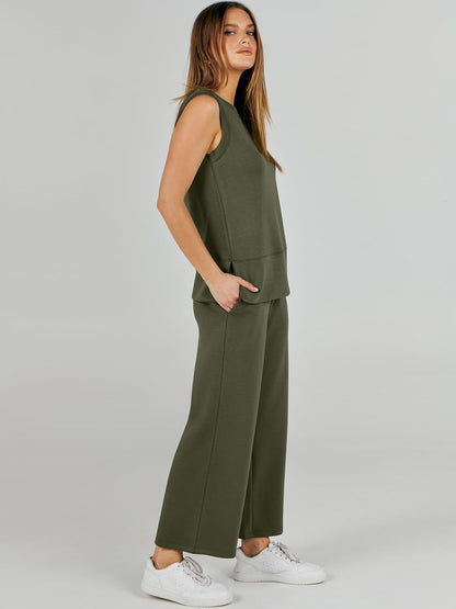Women's 2 Piece Sets Summer Outfits Sleeveless Wide Leg Tracksuits Casual Sweat Sets Lounge Sweatsuits
