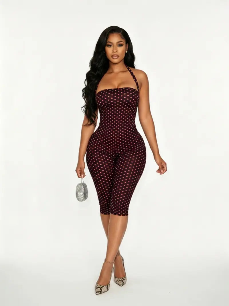 Women's Polka Dot Sleeveless Halter Bodycon Fit Long Pants, Elegant Retro Chic Style, Perfect for Daily Commute and Dates