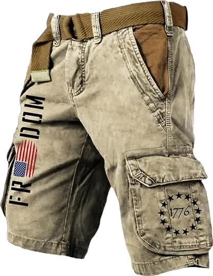 Men's Vintage Flag Independence Day Multi-Pocket Print Cargo Shorts (Belt Included)