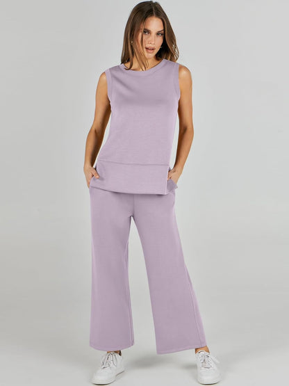 Women's 2 Piece Sets Summer Outfits Sleeveless Wide Leg Tracksuits Casual Sweat Sets Lounge Sweatsuits