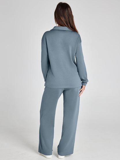 Women's 2 Piece Sets Outfits Casual Long Sleeve Sweatsuits Polo Top and Wide Leg Pants Matching Sets