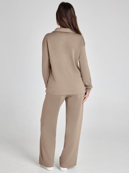Women's 2 Piece Sets Outfits Casual Long Sleeve Sweatsuits Polo Top and Wide Leg Pants Matching Sets