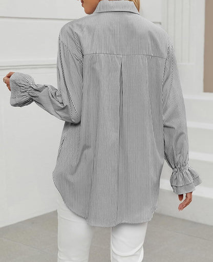 Women's Striped Button Down Shirts Smocked Cuffed Boyfriend Shirt Long Sleeve Blouse Top with 3 Pockets