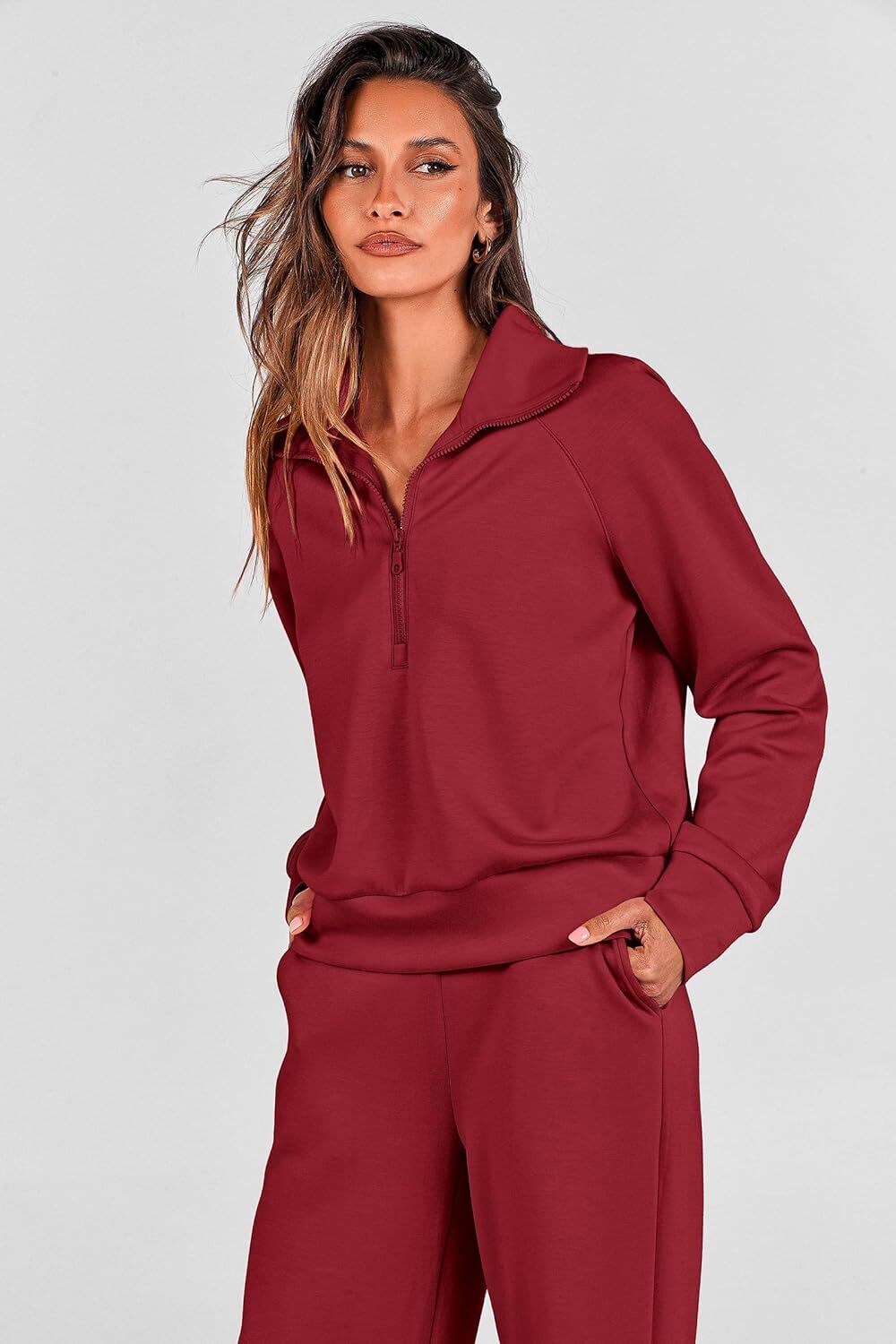 Women's 2 Piece Outfits Casual Lapel Half Zip Sweatshirts And Wide Leg Pants Tracksuit Sets