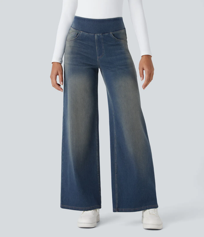 💝Last Day Promotion⚡High Waisted Multiple Pockets Baggy Wide Leg Washed Stretchy Knit Casual Jeans