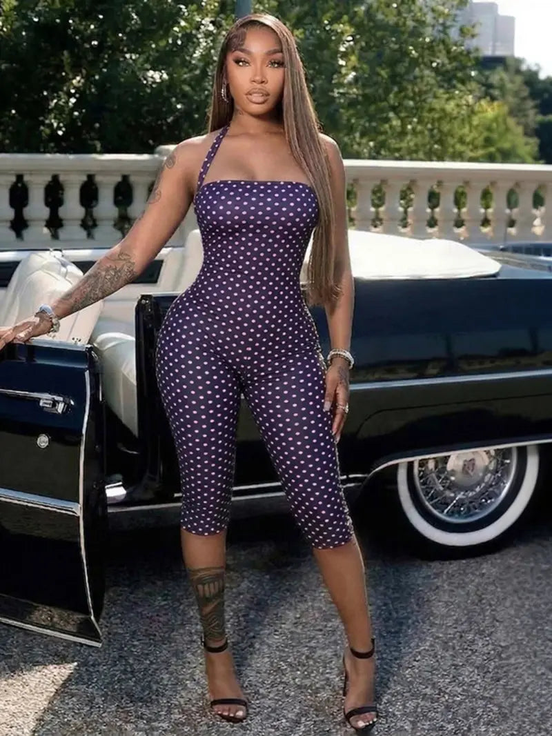 Women's Polka Dot Sleeveless Halter Bodycon Fit Long Pants, Elegant Retro Chic Style, Perfect for Daily Commute and Dates