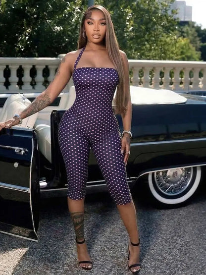 Women's Polka Dot Sleeveless Halter Bodycon Fit Long Pants, Elegant Retro Chic Style, Perfect for Daily Commute and Dates
