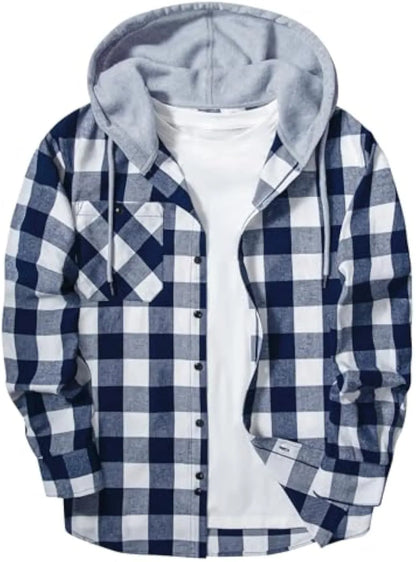 Men’s Plus Size Plaid Patchwork Hooded Jacket – Button Front Casual Outerwear with Pockets
