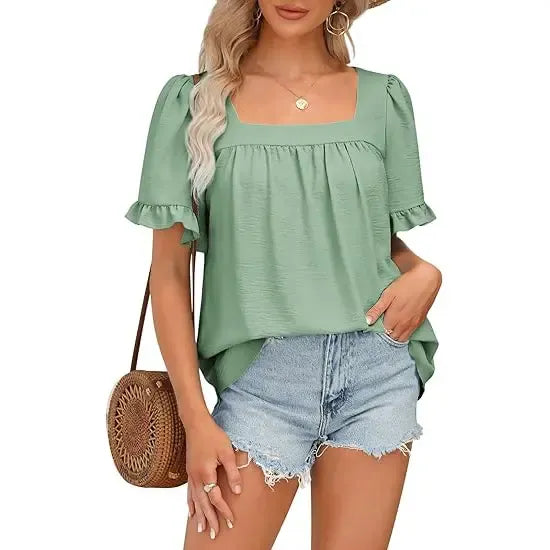 Women's Square Neck Peplum Top with Whimsical Ruffle Sleeves