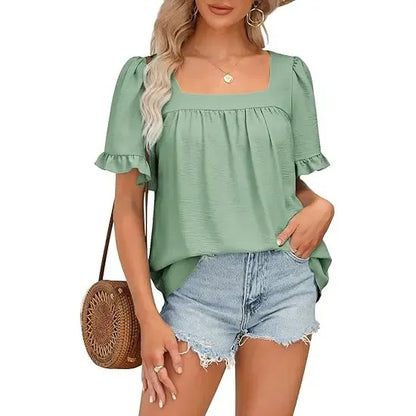 Women's Square Neck Peplum Top with Whimsical Ruffle Sleeves