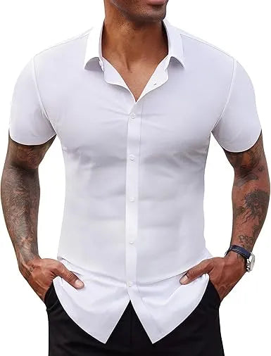 Men's Short Sleeve Stretch Slim Fit Casual Button Down Shirts