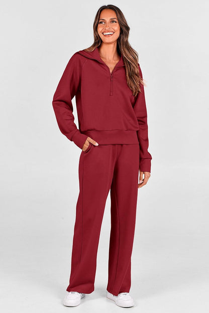 Women's 2 Piece Outfits Casual Lapel Half Zip Sweatshirts And Wide Leg Pants Tracksuit Sets