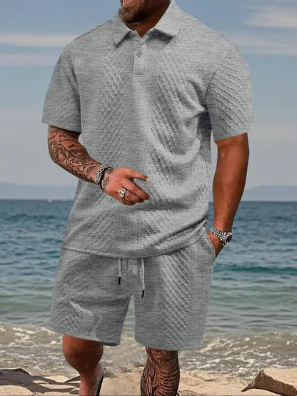 Men's Solid Polo & Drawstring Shorts Set Cozy, Breathable for Daily/Beach, Summer Casual