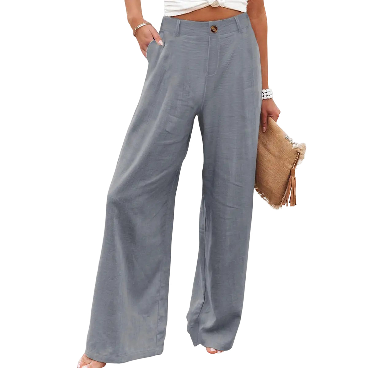 🔥Last day promotion🔥Womens Cotton Linen Pants Casual Button Up High Waisted Wide Leg Trousers Wideleg