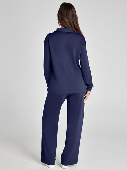 Women's 2 Piece Sets Outfits Casual Long Sleeve Sweatsuits Polo Top and Wide Leg Pants Matching Sets