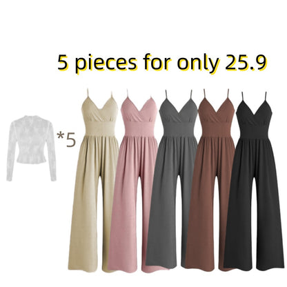 🎉Hot selling items-Women's solid color lace t-shirt and pocket jumpsuit two-piece set