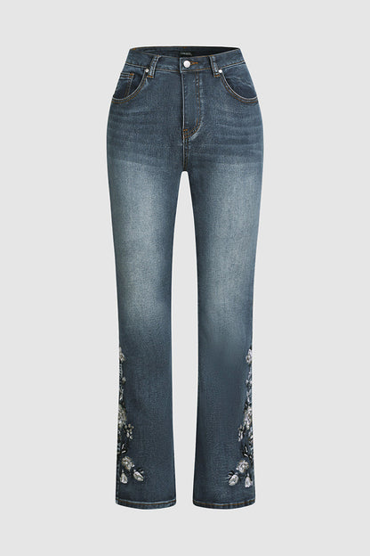 🔥LAST DAY 80% OFF🔥Mid-waist bootcut jeans with floral embroidery