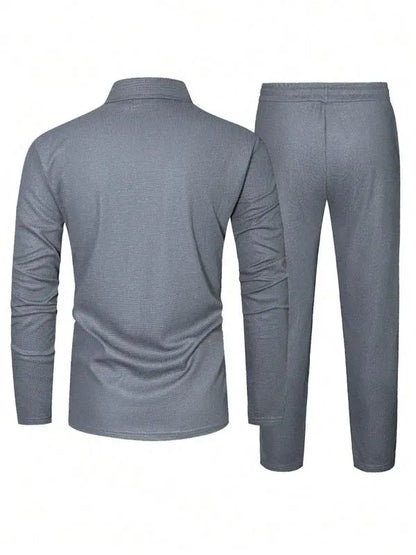 Men's Solid Textured Long Sleeve Polo Shirt & Drawstring Waist Pants Set