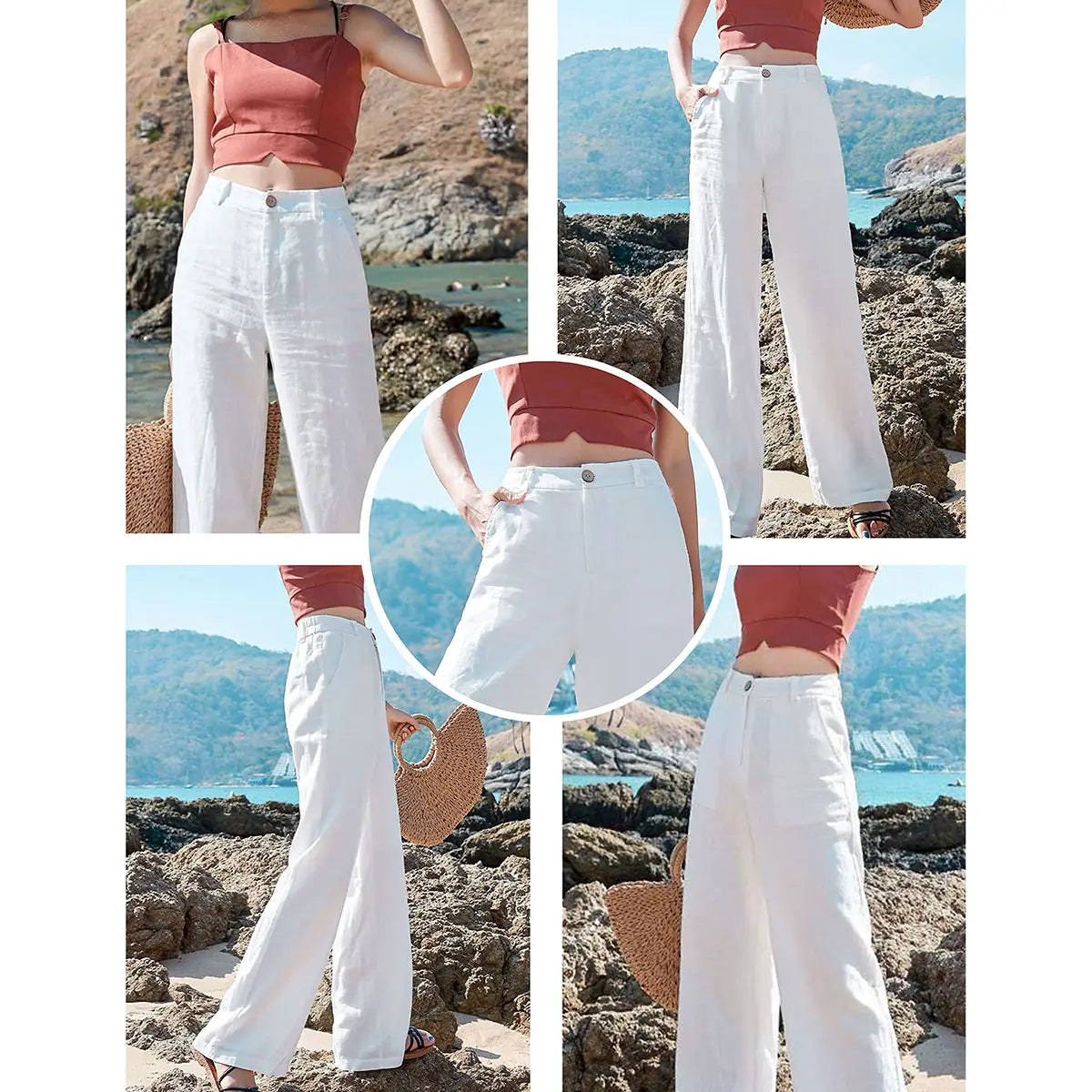 🔥Last day promotion🔥Womens Cotton Linen Pants Casual Button Up High Waisted Wide Leg Trousers Wideleg
