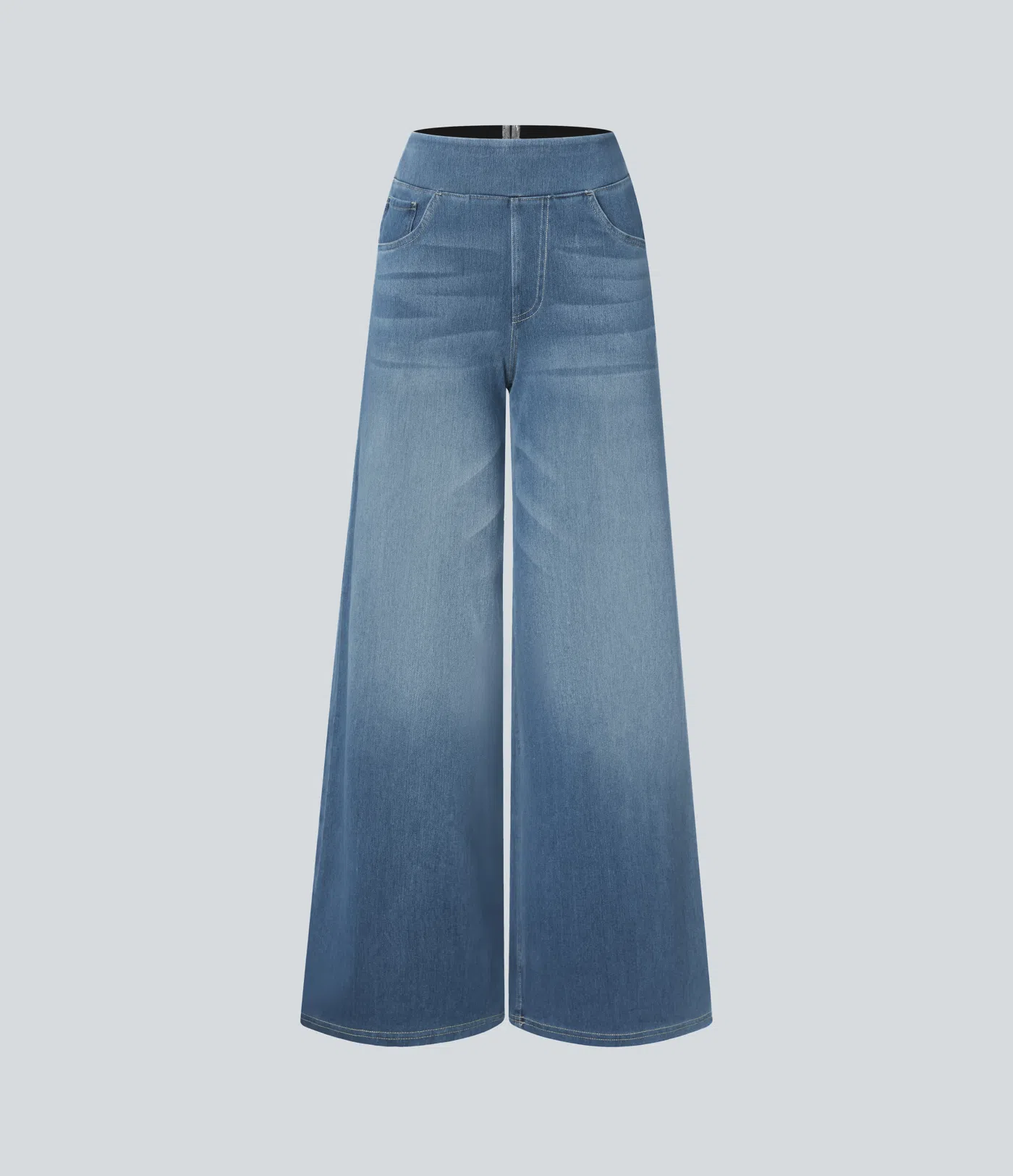 💝Last Day Promotion⚡High Waisted Multiple Pockets Baggy Wide Leg Washed Stretchy Knit Casual Jeans