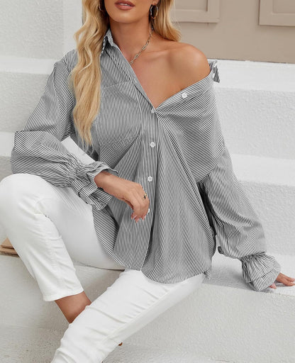 Women's Striped Button Down Shirts Smocked Cuffed Boyfriend Shirt Long Sleeve Blouse Top with 3 Pockets