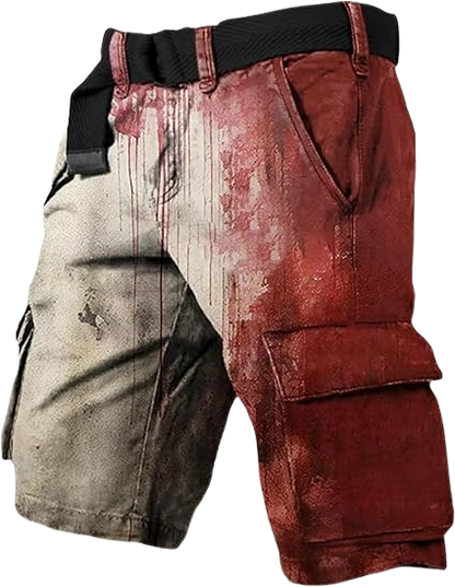 Men's Vintage Flag Independence Day Multi-Pocket Print Cargo Shorts (Belt Included)