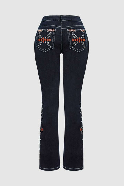 Wash Geo Embroidery Rhinestone Decor Mid Rise Bootcut Jeans Without Belt