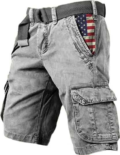 Men's Vintage Flag Independence Day Multi-Pocket Print Cargo Shorts (Belt Included)