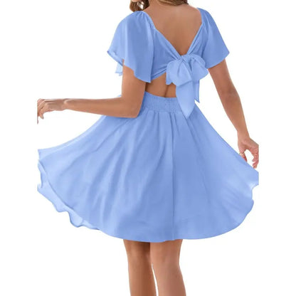 Chicovar Women's Summer Sweetheart NecklineKnot Front Flowy Mini Chiffon Dresses , Flutter Sleeve, Tie-Back, A-Line Cut, No Scratchy, No Sheer, Wedding Guest,Bridal Shower, Church, Party, Casual, or Daily Wear, Summervibes