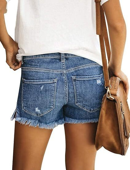 🔥Last Day 49% Off - Women's Casual Mid Rise Stretch Ripped Raw Hem Jean Shorts