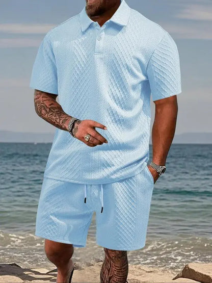 Men's Solid Polo & Drawstring Shorts Set Cozy, Breathable for Daily/Beach, Summer Casual
