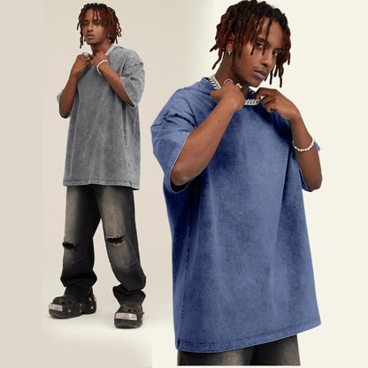 Oversized T Shirts Acid Wash Cotton Crew Neck Half Short Sleeve Summer Unisex Tees Casual Loose Fit Solid Streetwear Comfortable Tops Basic Womenswear Plain Tshirt