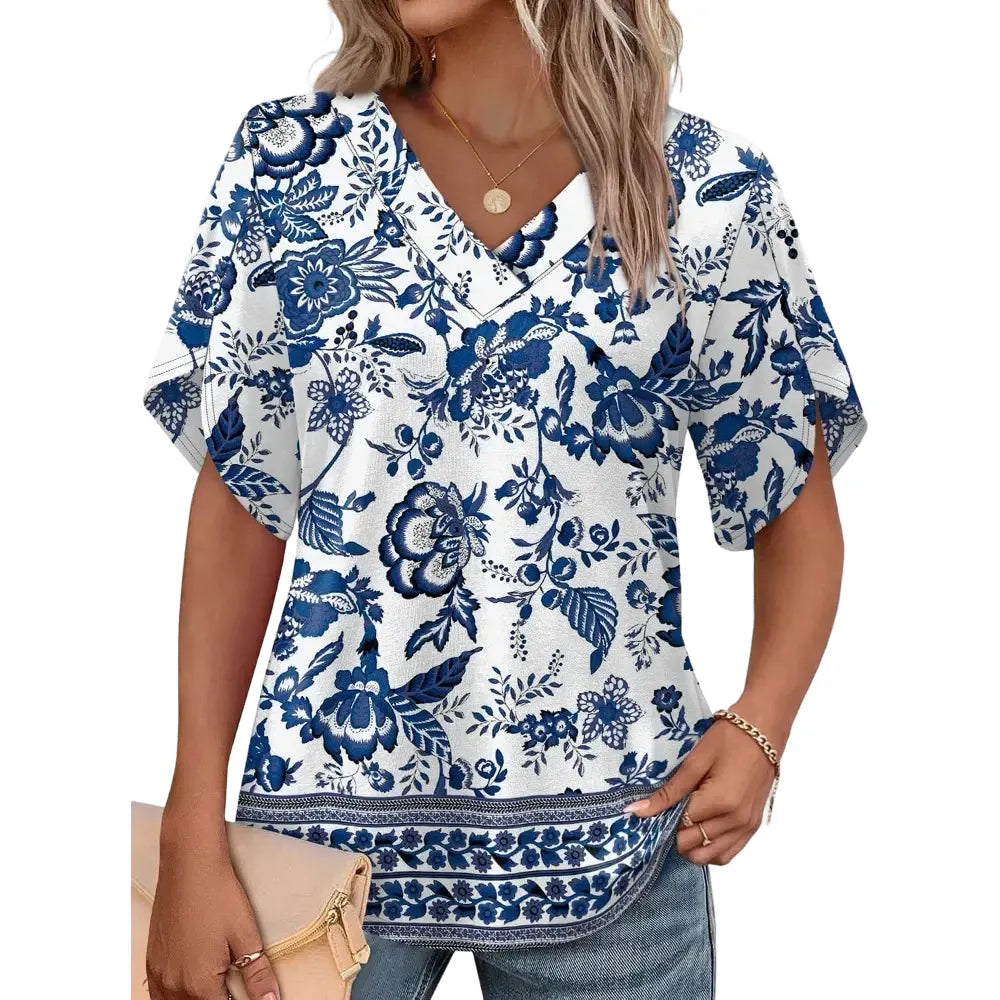 FASHION Womens Summer Tops Short Petal Sleeve Shirts V Neck Outfits Clothes