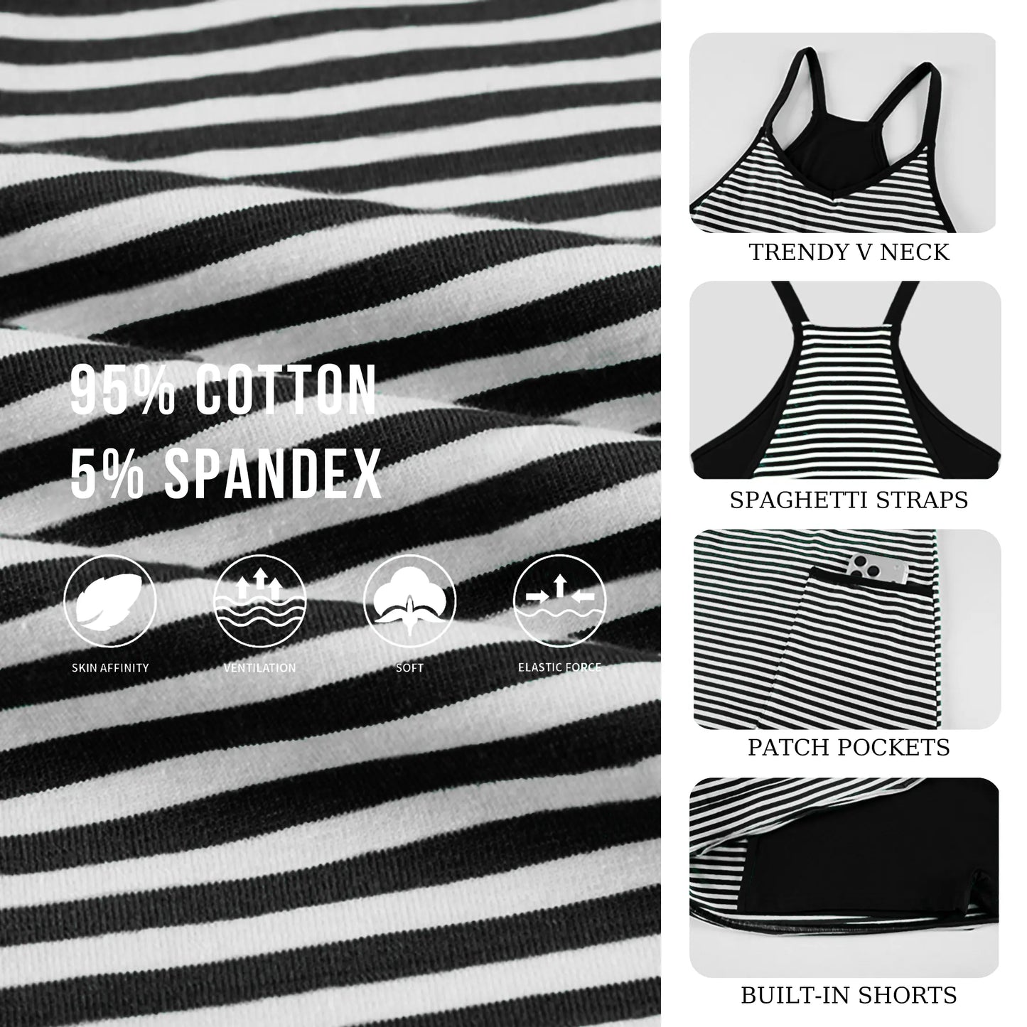 Women's Summer Sleeveless 4th Of July Striped Mini Dress with Built-in Shorts V Neck Spaghetti Straps Athletic Shorts Tennis Dress with Pockets